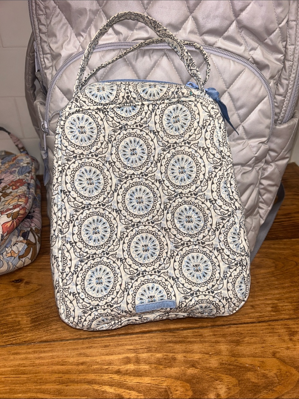 Vera Bradley Quilted Medallion lunch box in Cream and Light Blue